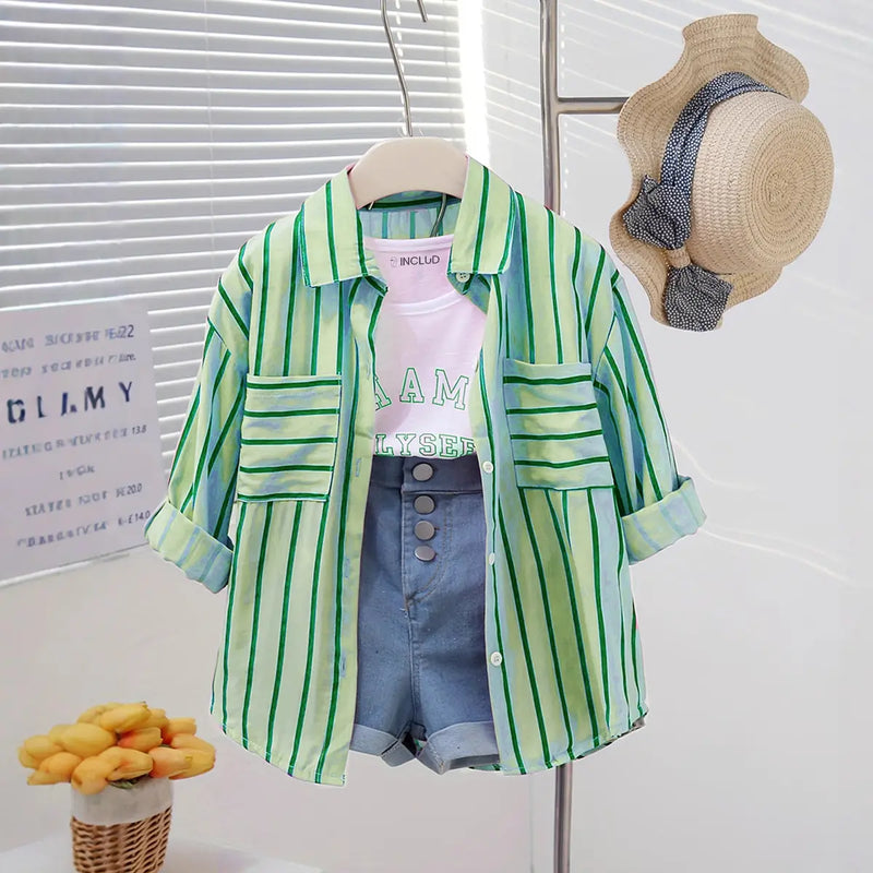 Girls Light Green Stripe Shirt With Printed T-Shirt And Denim Shorts Sets 3 pc. Sets Light Green 2-3 Y