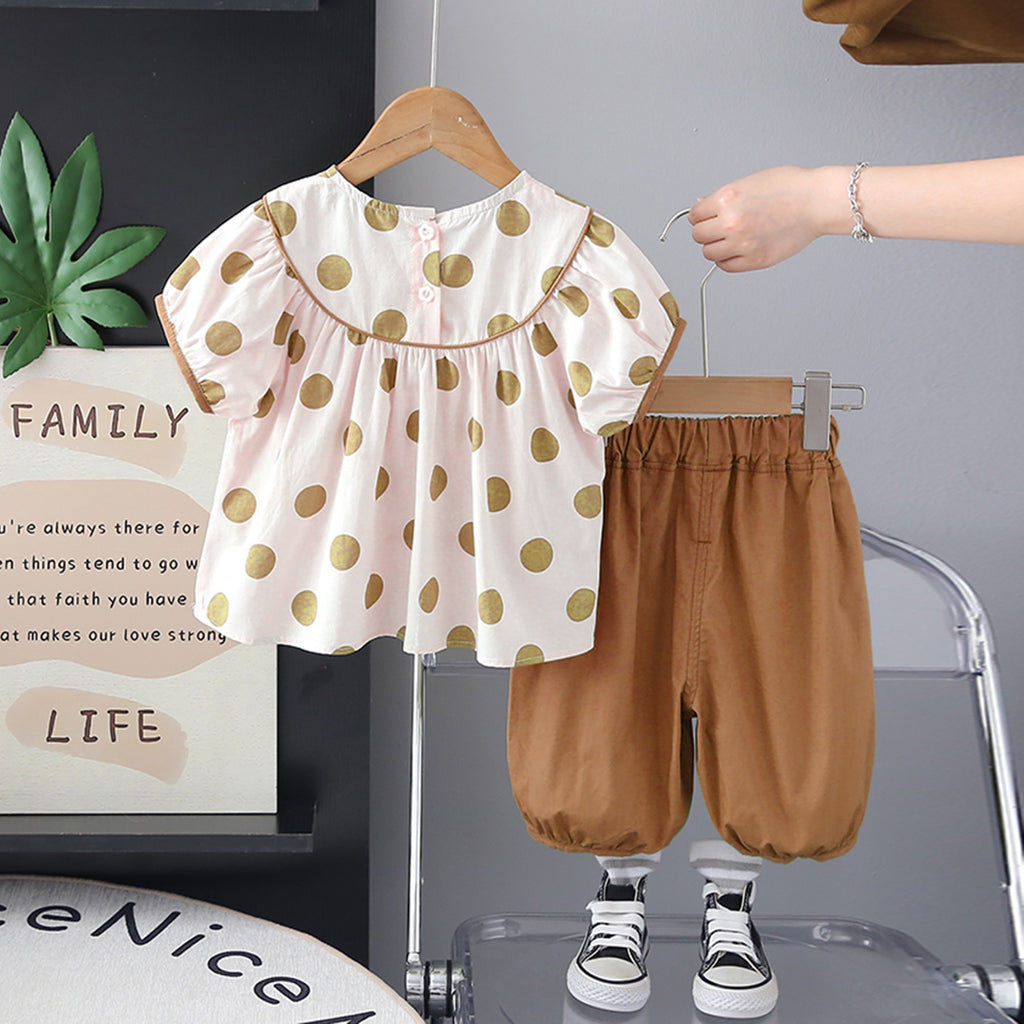 Girls Brown Polka Dot Printed Puff Sleeves Top With Capri Set 2 pc. Sets