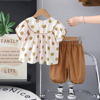 Girls Brown Polka Dot Printed Puff Sleeves Top With Capri Set 2 pc. Sets