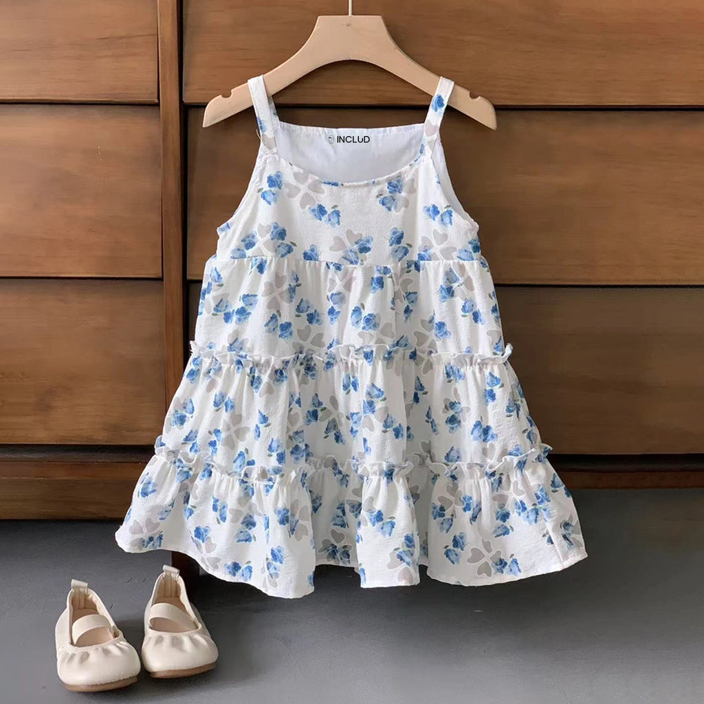 Girls White Floral Print Sleeveless Tiered Dress Casual Dresses White 1-2 Y