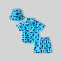 Boys Light Blue Tropical Print Button-Down Shirt With Shorts & Hat Co-ord Sets Sets