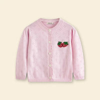 Girls Pink Strawberry Embroidered Long Sleeves Cardigan Sweaters & Cardigans