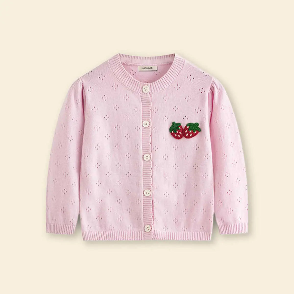 Girls Pink Strawberry Embroidered Long Sleeves Cardigan Sweaters & Cardigans
