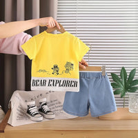 Boys Yellow Robot Graphic T-Shirt With Denim Shorts Sets Sets