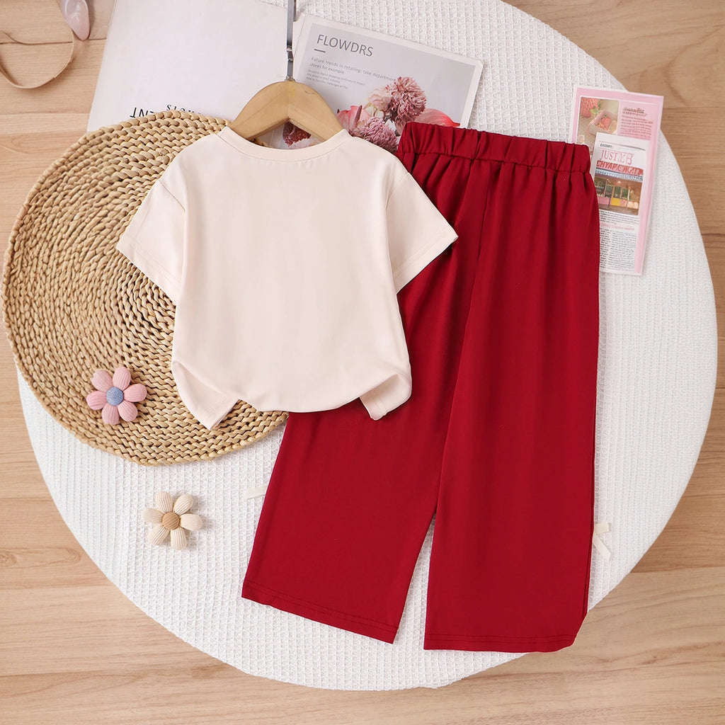 Girls Bow Printed Short Sleeve T-shirt With Red Wide Leg Pants Sets 2 pc. Sets