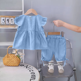 Girls Light Blue Denim Bow Applique Top & Shorts Co-ord Sets Sets