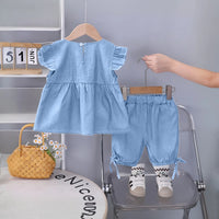 Girls Light Blue Denim Bow Applique Top & Shorts Co-ord Sets Sets