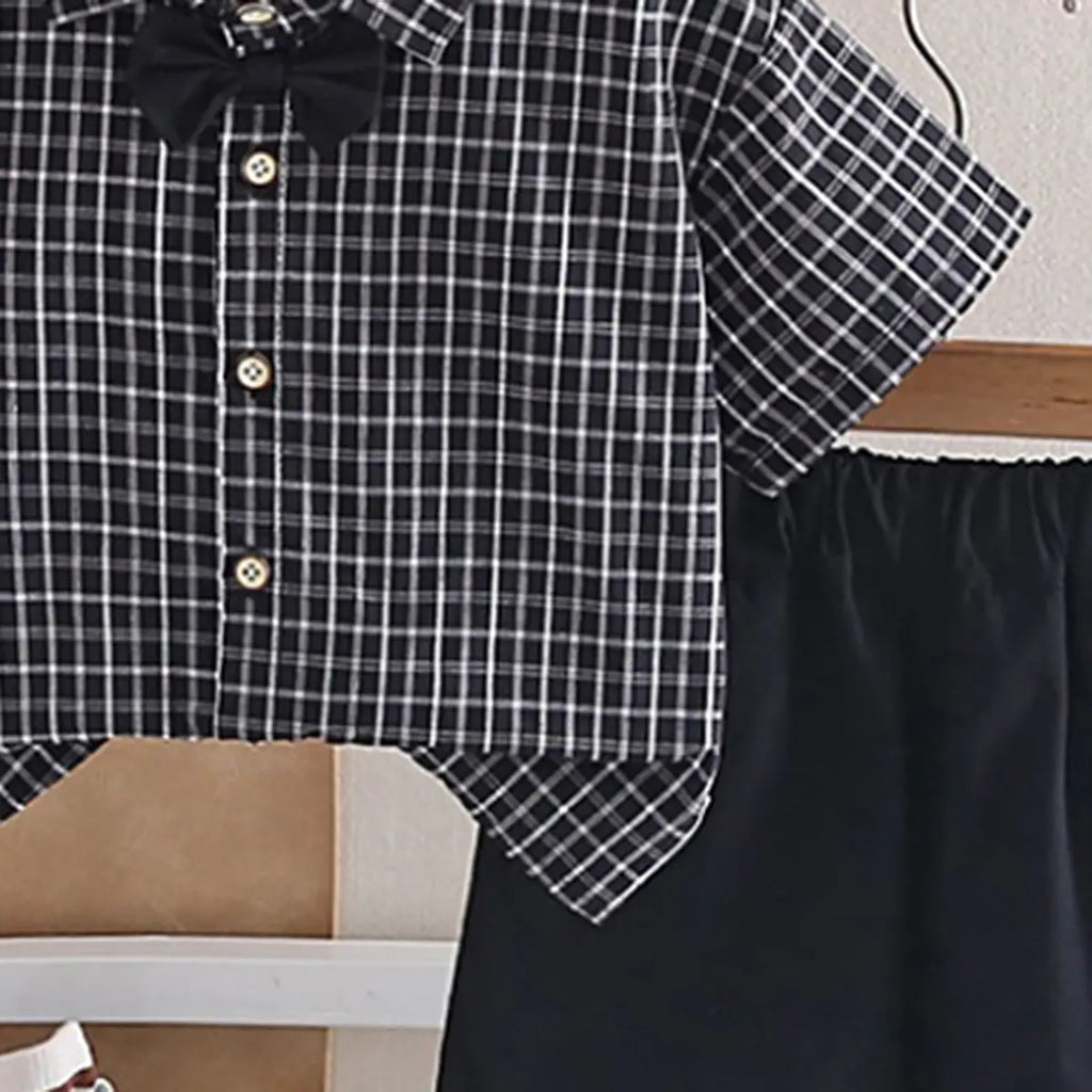 Boys Black Checked Button-Down Shirt With Shorts Sets Sets