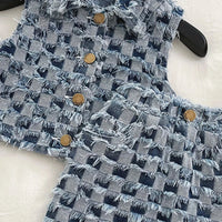 Girls Blue Check Frayed Denim Sleeveless Top With Skirt Sets 2 pc. Sets