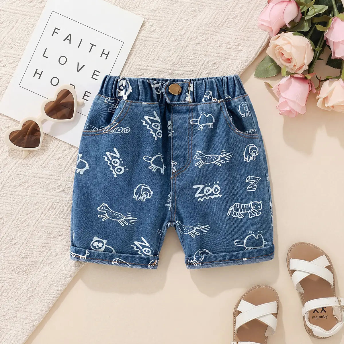 Boys Blue Animal Cartoon Printed Denim Shorts Shorts Blue 1-2 Y