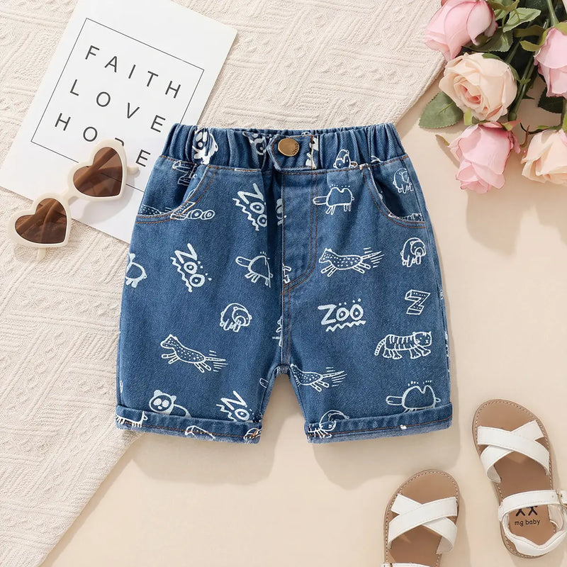 Boys Blue Animal Cartoon Printed Denim Shorts Shorts Blue 1-2 Y