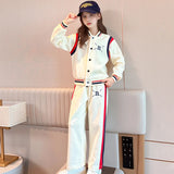 Girls Cream R Letter Printed Varsity Jacket With Pants Co-ord Sets