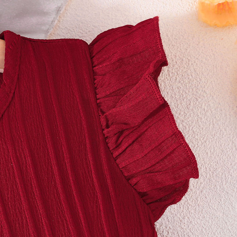 Girls Maroon Flutter Sleeves Bottom Ruffled Fit & Flare Dress Casual Dresses