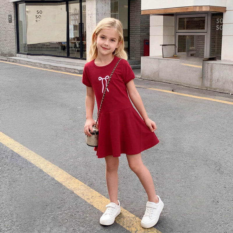 Girls Maroon Bow Graphic A-Line Dress With Short Sleeves Casual Dresses