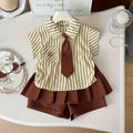 Girls Beige Stripes Short Sleeves Shirt With Skorts Set Sets Beige 1-2 Y