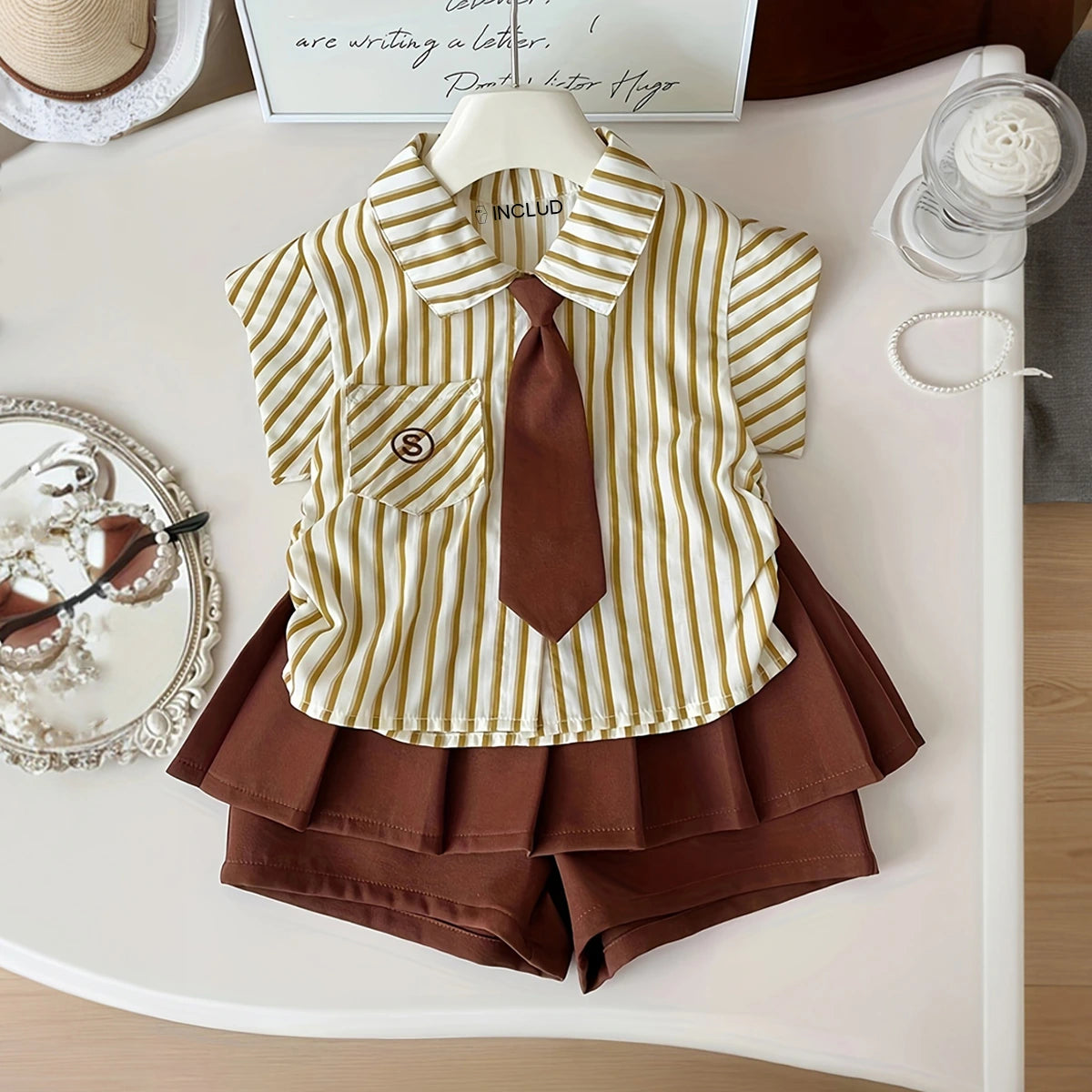 Girls Beige Stripes Short Sleeves Shirt With Skorts Set Sets Beige 1-2 Y