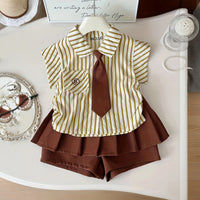 Girls Beige Stripes Short Sleeves Shirt With Skorts Set Sets Beige 1-2 Y