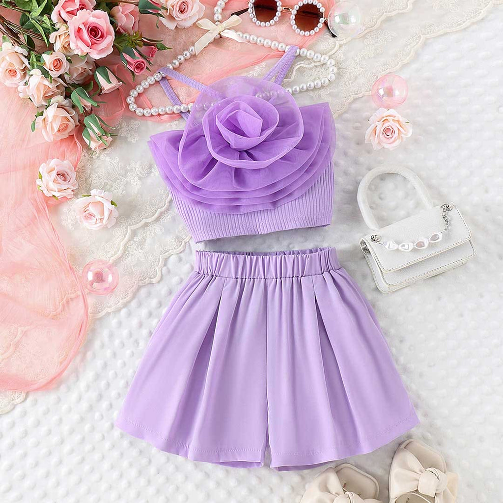 Girls Flower Applique Camisole Top With Shorts Set