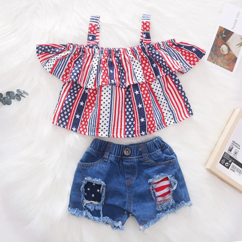 Girls Multicolor Stripes Off-shoulder Top With Ripped Denim Shorts Sets Sets Multicolor 1-2 Y