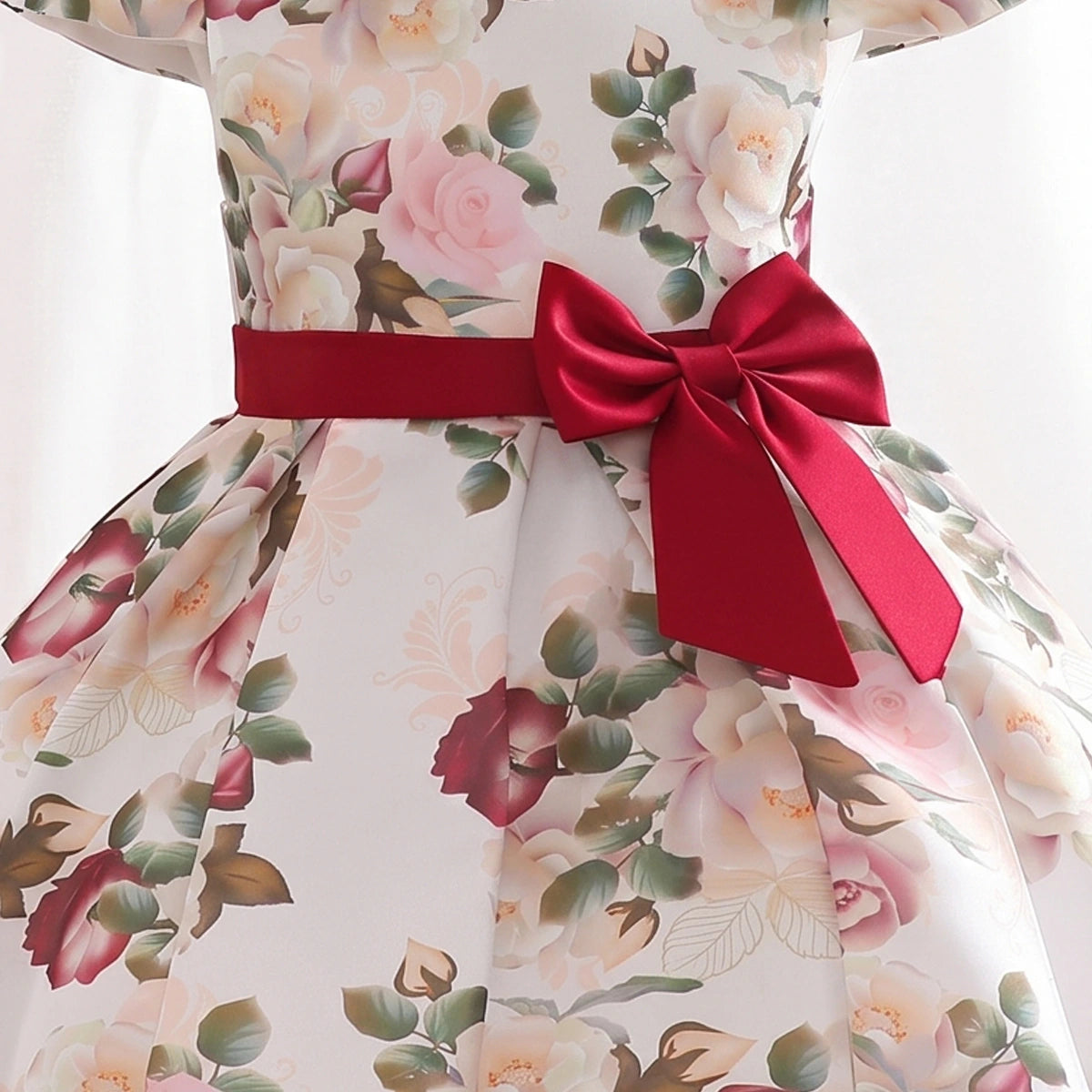 Girls Red Floral Printed Cap Sleeve Fit & Flare Party Wear Dress Party Dresses