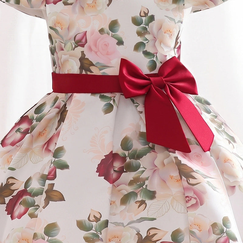 Girls Red Floral Printed Cap Sleeve Fit & Flare Party Wear Dress Party Dresses