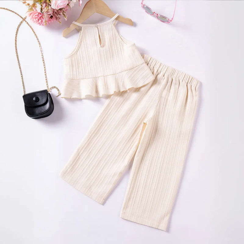 Girls Apricot Self Stripe Peplum Top With Pants Co-ord Sets Sets