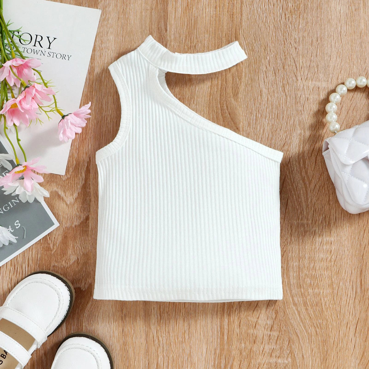 Girls White One Shoulder Ribbed Top With Shorts Sets 2 pc. Sets