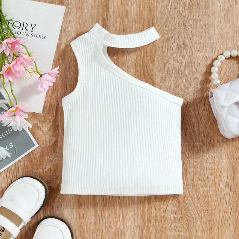 Girls White One Shoulder Ribbed Top With Shorts Sets 2 pc. Sets