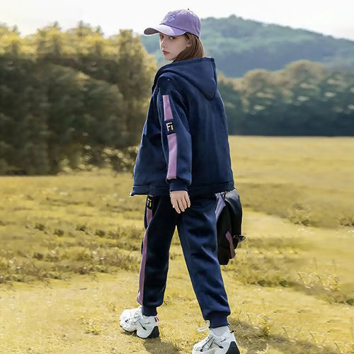 Girls Navy Blue Fi Letters Printed Sweatshirt With Hooded Vest & Jogger Co-ord Sets Sets