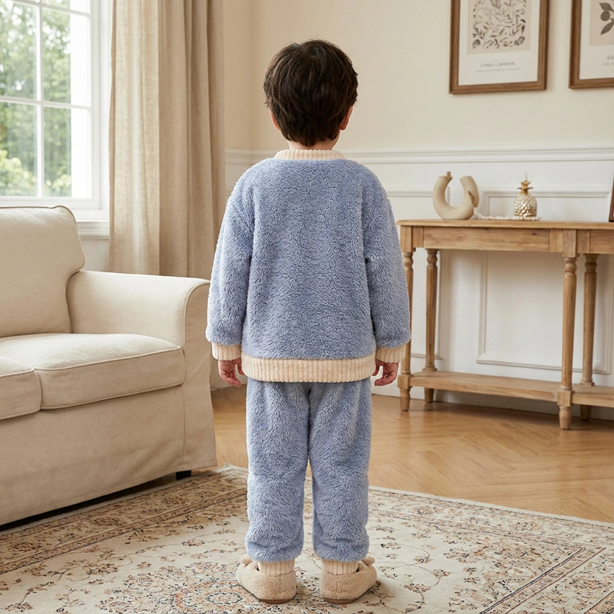 Boys Blue Fleece Bear Applique Button-up Jacket With Jogger Co-ord Sets Sets