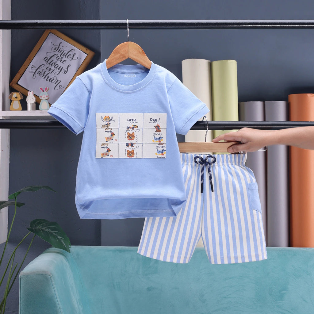 Boys Sky Blue Animal Graphic Short Sleeve T-Shirt With Drawstring Shorts Sets 2 pc. Sets Sky Blue 0-1 Y