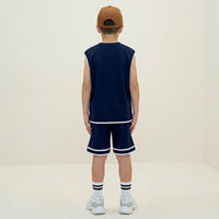 Boys Navy Blue Typographic Print Sleeveless T-Shirt With Shorts Co-ord Sets Sets