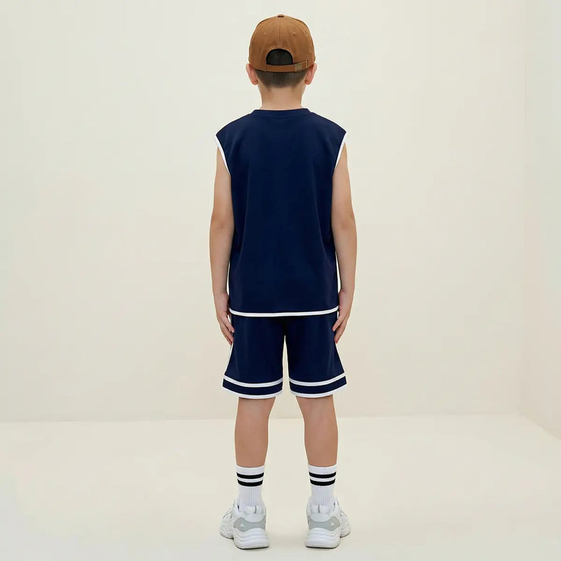 Boys Navy Blue Typographic Print Sleeveless T-Shirt With Shorts Co-ord Sets Sets