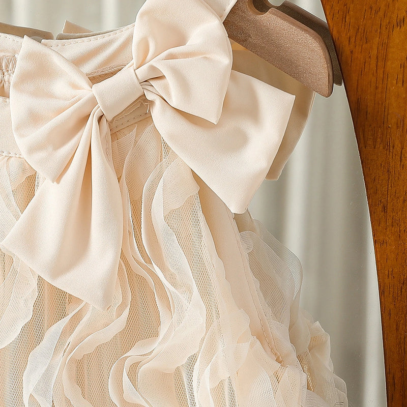 Girls Cream Bow Applique Ruffled Sleeveless A-Line Dress Casual Dresses