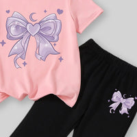 Girls Pink Graphics Bow Printed T-Shirt With Flared Pants Sets Sets