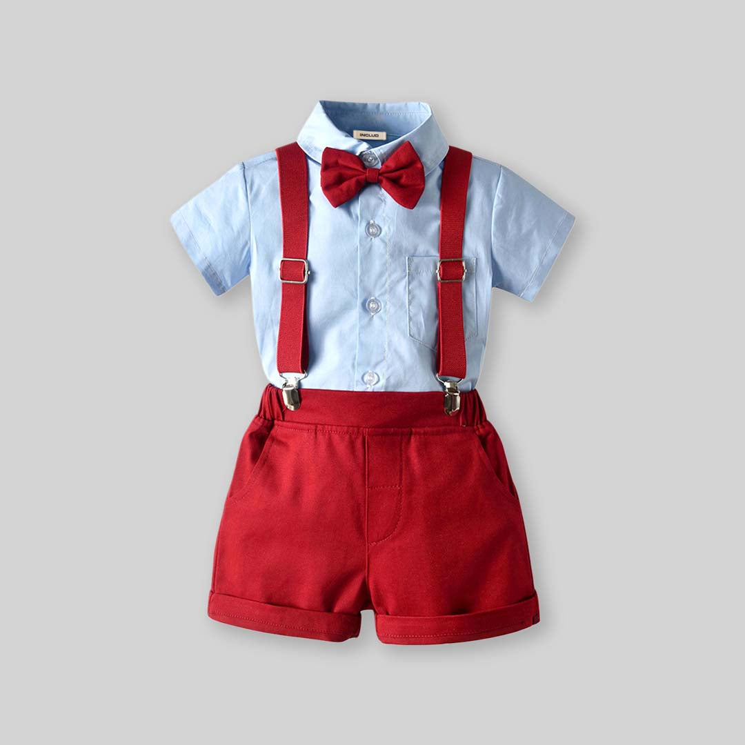 Boys Short Sleeve Shirt With Suspender Shorts Set Sets   