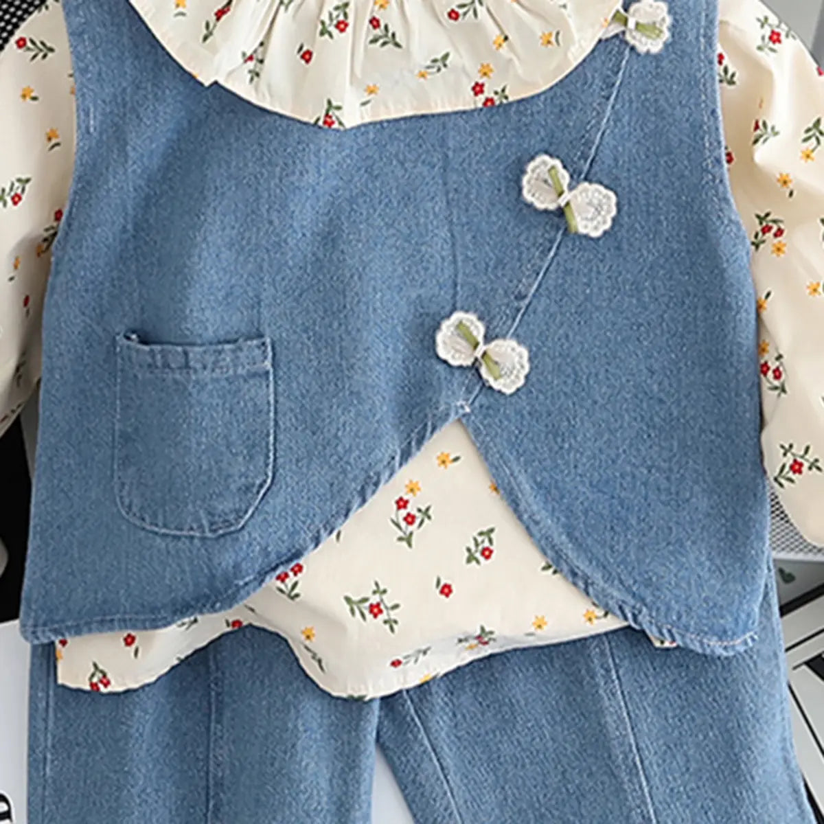 Girls Light Blue Denim Vest With Printed Top & Denim Pants Set Sets