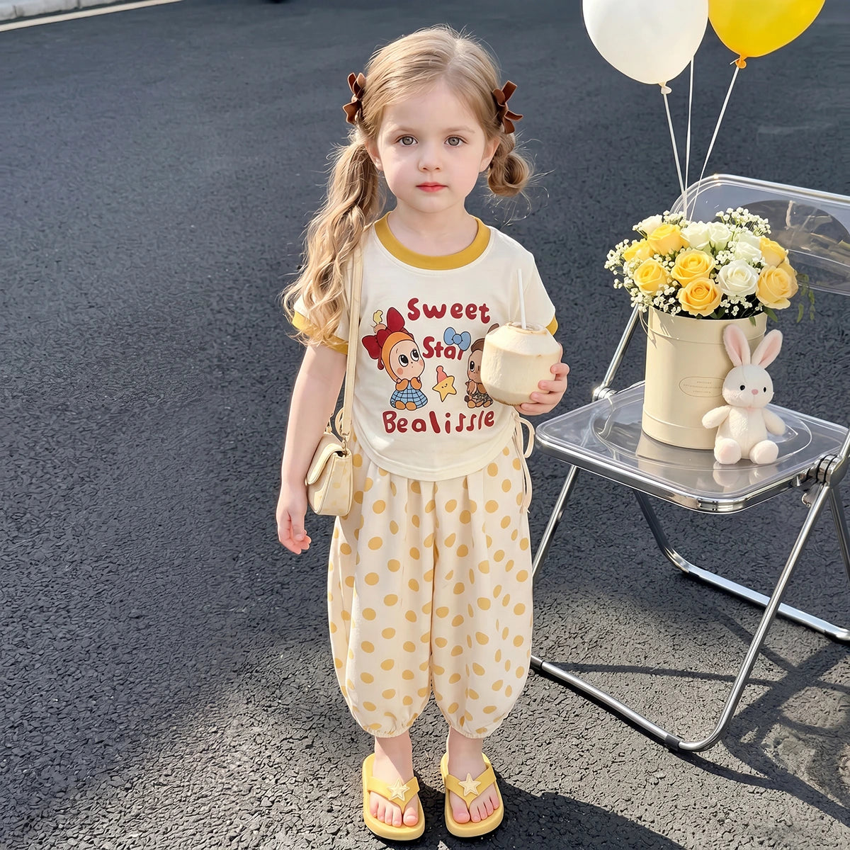 Girls Yellow Typography Print Short Sleeve T-Shirt With Polka Dot Pants Sets 2 pc. Sets Yellow 1-2 Y