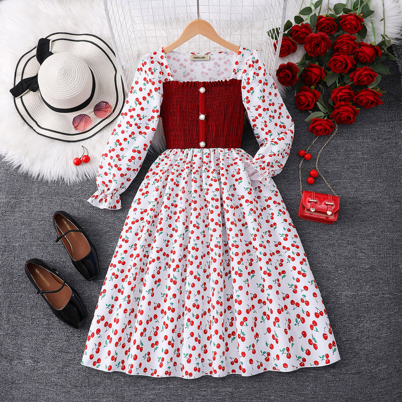 Girls White Cherry Printed Smocked Maxi Dress Casual Dresses White 7-8 Y