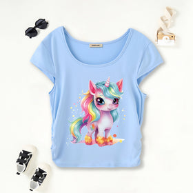 Girls Light Blue Unicorn Printed Short Sleeves Scoop Neck T-Shirt Tshirts Light Blue 7-8 Y