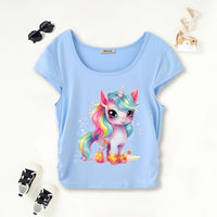 Girls Light Blue Unicorn Printed Short Sleeves Scoop Neck T-Shirt Tshirts Light Blue 7-8 Y