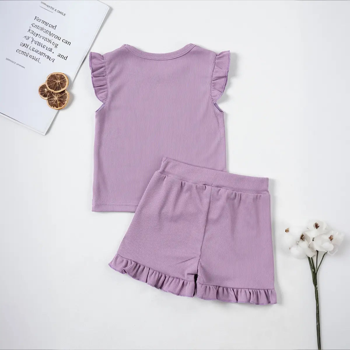 Girls Purple Solid Ribbed Top With Shorts Co-ord Sets Sets