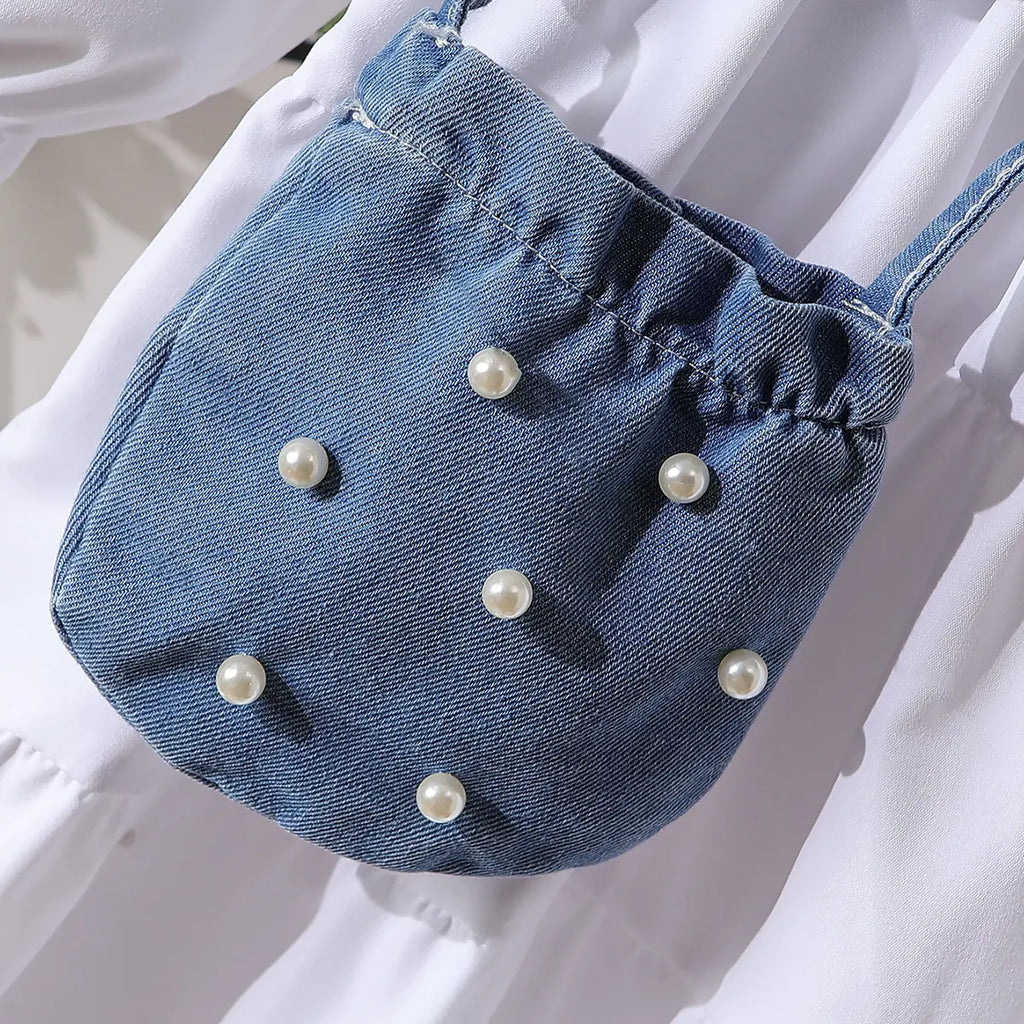 Girls White Long Sleeves Tiered Dress With Pearl Embellishments Denim Vest & Sling Bag Casual Dresses