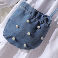 Girls White Long Sleeves Tiered Dress With Pearl Embellishments Denim Vest & Sling Bag Casual Dresses