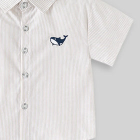 Boys Beige Striped Casual Shirt with Shark Embroidery Shirts