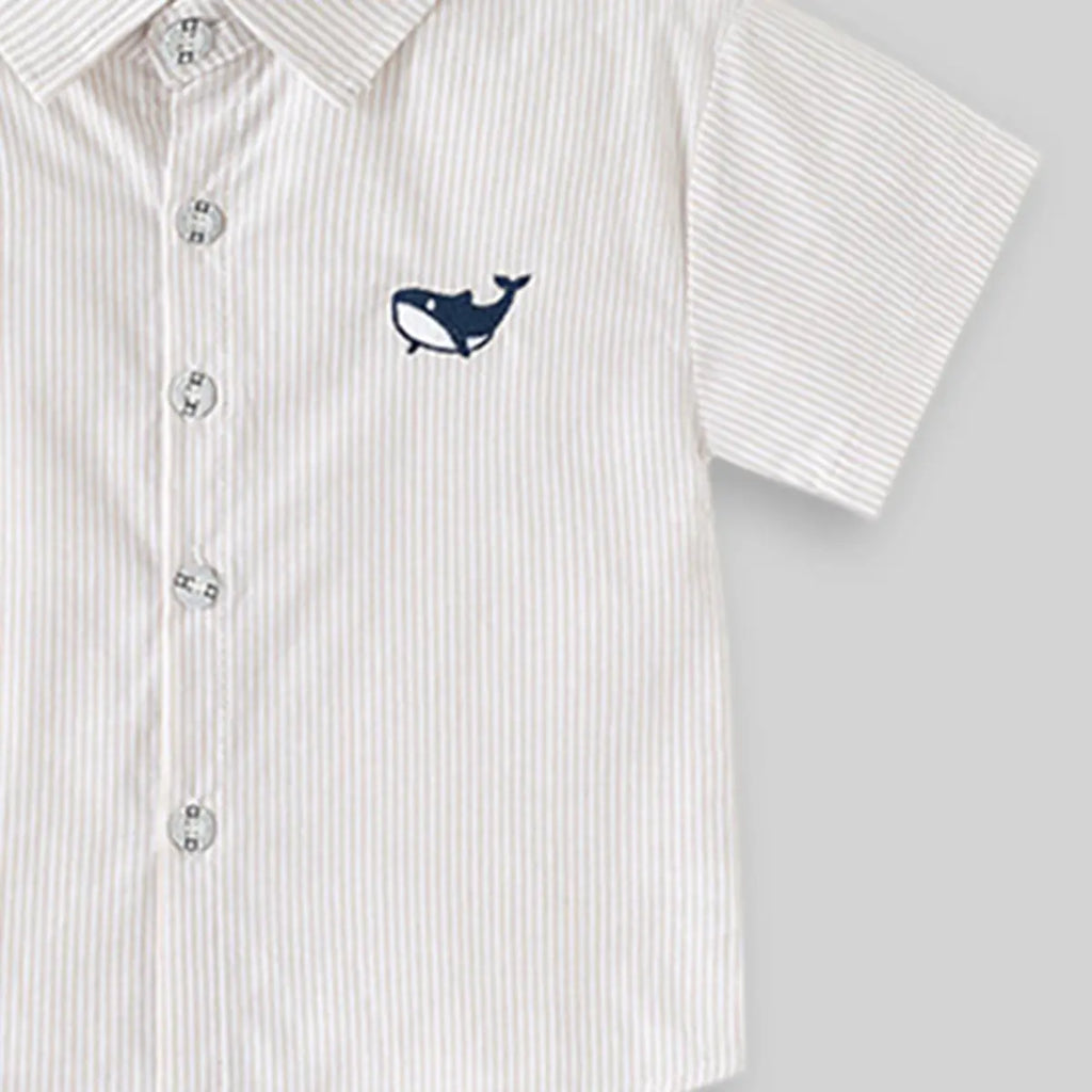 Boys Beige Striped Casual Shirt with Shark Embroidery Shirts