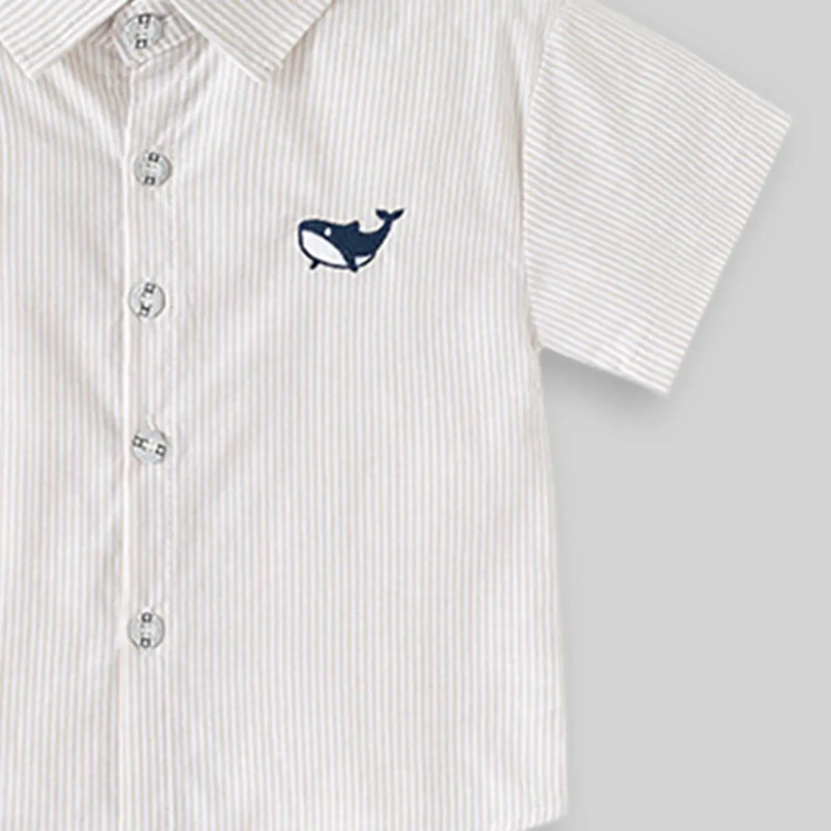 Boys Beige Striped Casual Shirt with Shark Embroidery Shirts