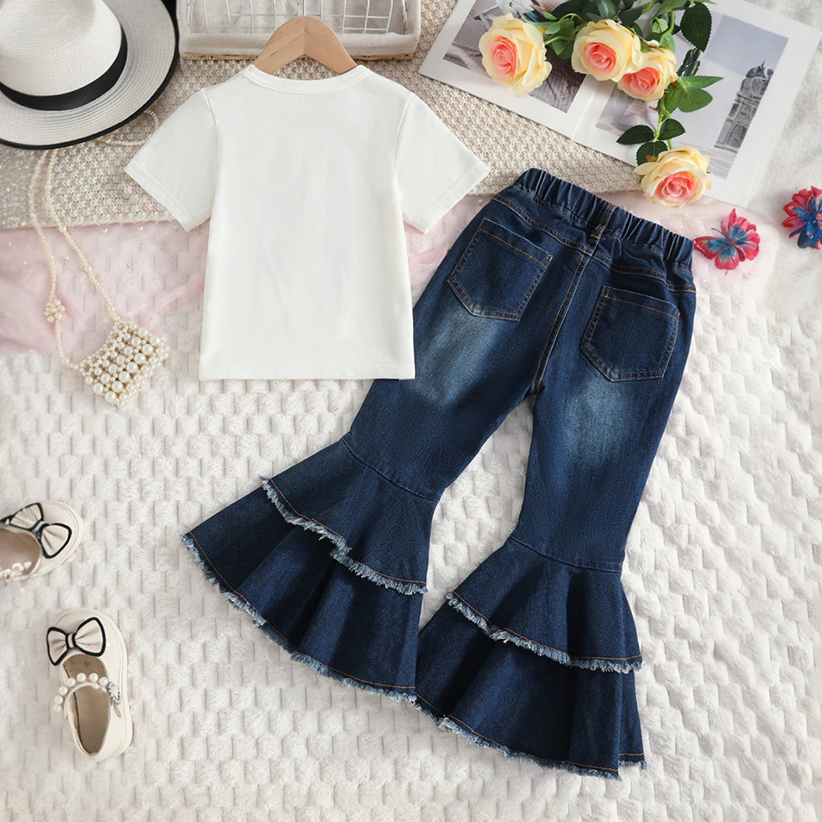 Girls White Butterfly Print T-Shirt With Pearl Embellished Denim Jeans Sets 2 pc. Sets