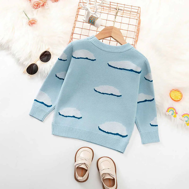 Girls Light Blue Sweater With Self-Design Unicorn Patterns Sweaters & Cardigans