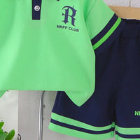 Boys Green Typographic Printed Polo T-Shirt With Elasticated Shorts Sets 2 pc. Sets